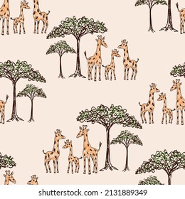 Seamless background of drawn cartoon funny families giraffes and baobabs in hot savannah