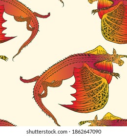 Seamless background of drawn cartoon red flying dragons