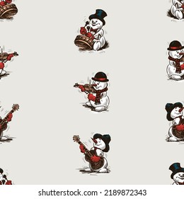 Seamless background of drawn cheerful cartoon musician snowmen playing in christmas