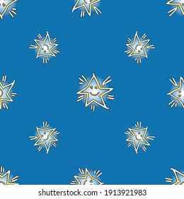 Seamless background of drawn cheerful stars in blue sky