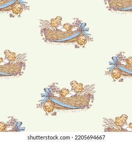 Seamless background of drawn easter basket with newborn chickens