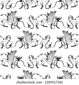 Seamless background of drawn fabulous dragons