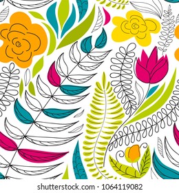 Seamless  background with drawn  flowers and plants for decoration
