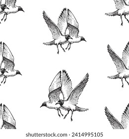 Seamless background of drawn flying big seagulls in sky, isolated on white vector sketches