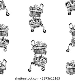 Seamless background of drawn full grocery cart with different foodstuffs