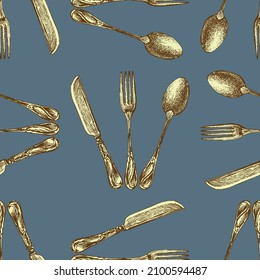 Seamless background of drawn golden vintage forks, spoons and knives