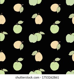 Fondo inmaculado de manzanas verdes dibujadas y peras amarillas