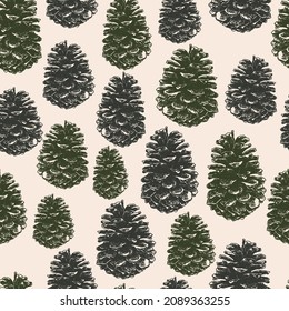Seamless background from drawn green fir cones