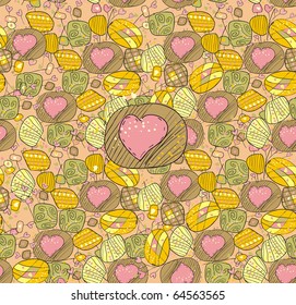 Seamless background with the drawn hearts