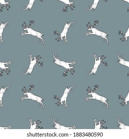 Seamless background of drawn running white deer