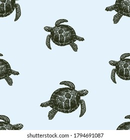 Seamless background of drawn sea turtles swimming in water