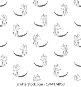 Seamless background of drawn seated winged dragon