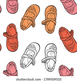 Seamless background of drawn shoes for little girls
