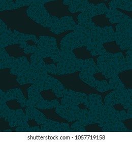 Seamless background of drawn sketches of fish. Blue hand-drawn illustration.