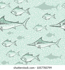 Seamless background of drawn sketches of fish. Blue hand-drawn illustration.