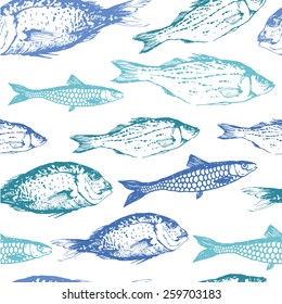 Seamless background of drawn sketches of fish. Blue & green hand-drawn illustration.