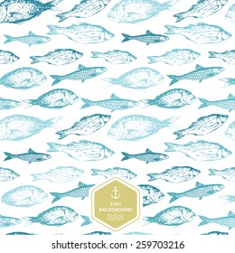 Seamless background of drawn sketches of fish. Blue & green hand-drawn illustration.