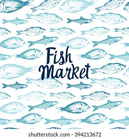 Seamless background with drawn sketches of fish. Blue hand-drawn illustration. Fish Market. Poster for seafood menu.