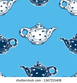 Seamless background of drawn tea pots