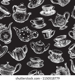 Seamless background of drawn teapots and cups