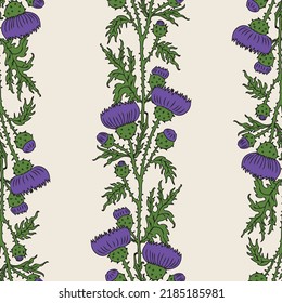 Seamless background of drawn wild thistle flowers with buds in rows