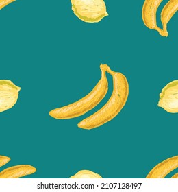 Seamless background of drawn yellow bananas and lemons