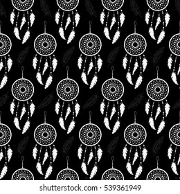 Seamless background of dream catcher with feathers and beads. Pattern.