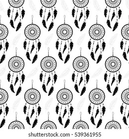 Seamless background of dream catcher with feathers and beads. Pattern.