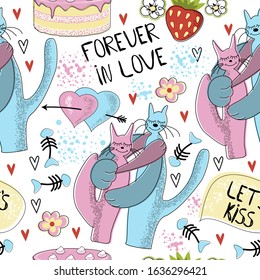 Seamless background. Dreamy cats with closed eyes embrace. Gentle background with animals. Love is forever. The speech bubble. the inscription kiss. Valentine's day. Vector