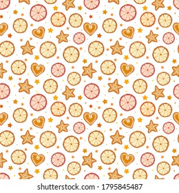 Seamless background with dried orange slices ang gingerbread cookies. Can be used for wallpaper, pattern fills, textile, web page background, surface textures