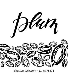 Seamless background with dried plums. Cute doodle illustration.