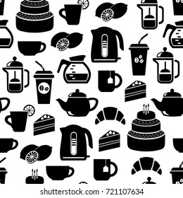 Seamless background with drinks tea and coffee. Vector illustration.