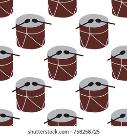 Seamless background with drums and drum sticks. Vector illustration. Pattern. Flat.