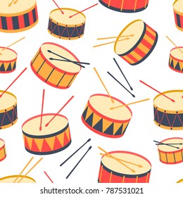 Seamless background with drums and drum sticks. Vector illustration. Pattern. Flat.