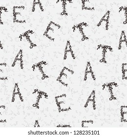 Seamless background with dry black tea leaf stylized as T E A letters.