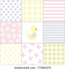 Seamless background with duck, flowers and plants in pastel color. Childish illustration in vector.