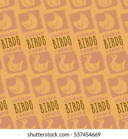 seamless background of ducks and chickens, funny bird, freehand drawing, text, duck, bird, chicken