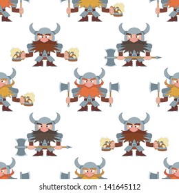 Seamless background. Dwarfs warriors in armor standing with beer mugs and axes, funny comic cartoon characters. Vector