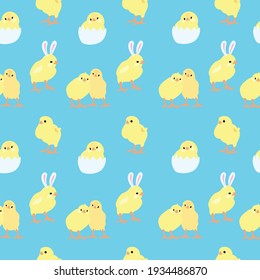 Seamless background with Easter chickens.Chickens on the farm. childish pattern with Easter chickens on a blue background. Vector illustration in flat style for wrapping paper, wallpaper, print fabric