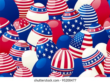 Seamless background of Easter eggs with american flag. Horizontal vector  background of  many easter eggs with stars and stripes at style of USA flag.