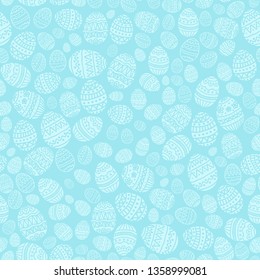 Seamless background with Easter eggs on blue background. Holiday pattern with decorative eggs, illustration.