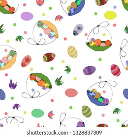 seamless background for easter. Multicolored color eggs and a basket of eggs. Decorative texture. Good for Easter design. Happy easter background.