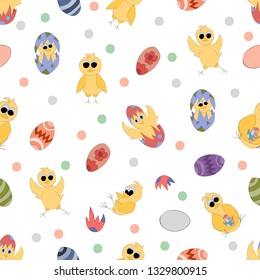 seamless background for easter. Multicolored color eggs and chickens. Decorative texture. Good for Easter design. Happy easter background.
