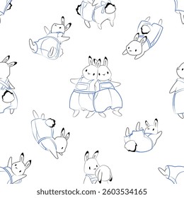 Seamless background. Easter pattern. Cute rabbits. Bunny pattern. Rabbits in blue overalls.