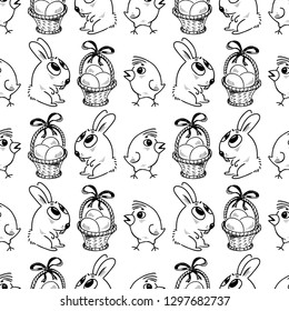 Seamless background of the easter rabbits,eggs and chickens