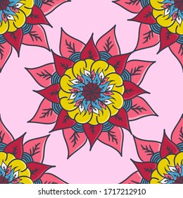 Seamless background Eastern style blue and red. Arabic Pattern. Mandala ornament. Elements of flowers and leaves. Vector illustration. Use for wallpaper, print packaging paper, textiles.
