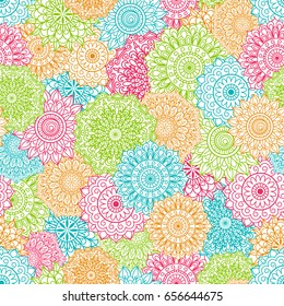 Seamless background  Eastern style blue, green, red, orange. Arabic  Pattern. Mandala ornament. Elements of flowers and leaves. Vector illustration. Use for wallpaper, print packaging paper, textiles.