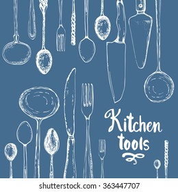 Seamless background with eating utensils. Menu pattern. Vector funny  Illustration on blue. Decorative elements for your packing design. Multicolor decor.