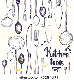 Seamless background with eating utensils. Menu pattern. Vector Illustration with kitchen tools poster on white. Decorative elements for your packing design. Multicolor decor.