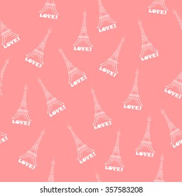 Seamless background Eiffel Tower with love pattern.